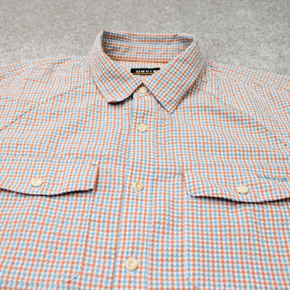 Orvis Seersucker Shirt Mens XL Orange/Blue Active Fit Poly/Nylon S/S Button Down - Picture 4 of 15
